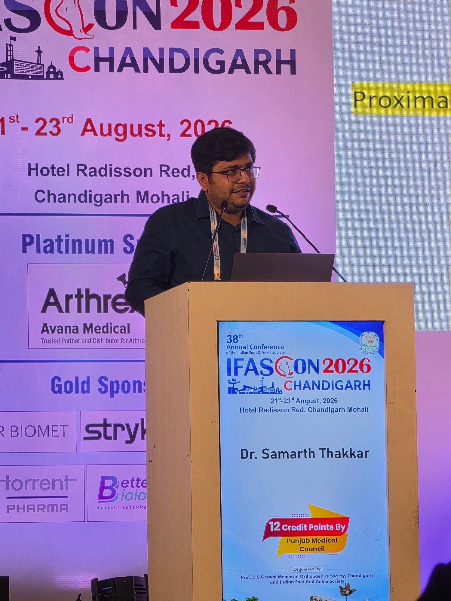 Dr. Samarth Thakkar speaking at IFASCON 2026, the 38th Annual Conference of the Indian Foot & Ankle Society, Chandigarh